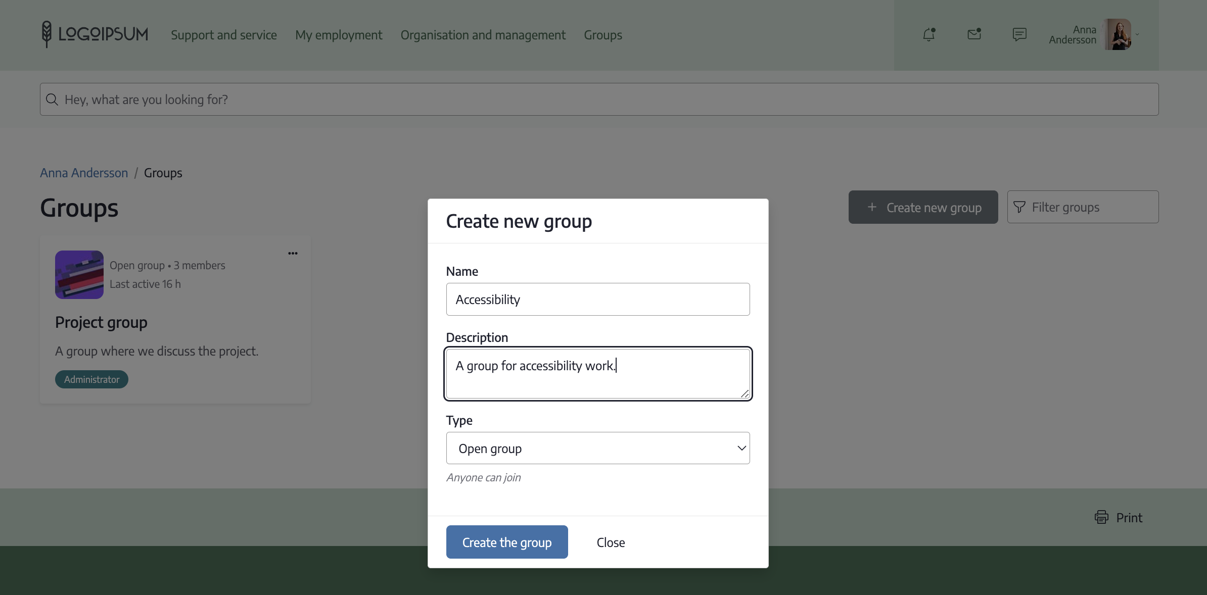 Groups - Create new group - settings