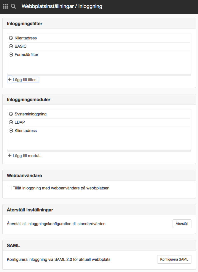 Skärmdump på Inloggningskonfiguration