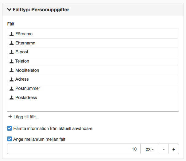 Skärmdump på fälttypen Personuppgifter