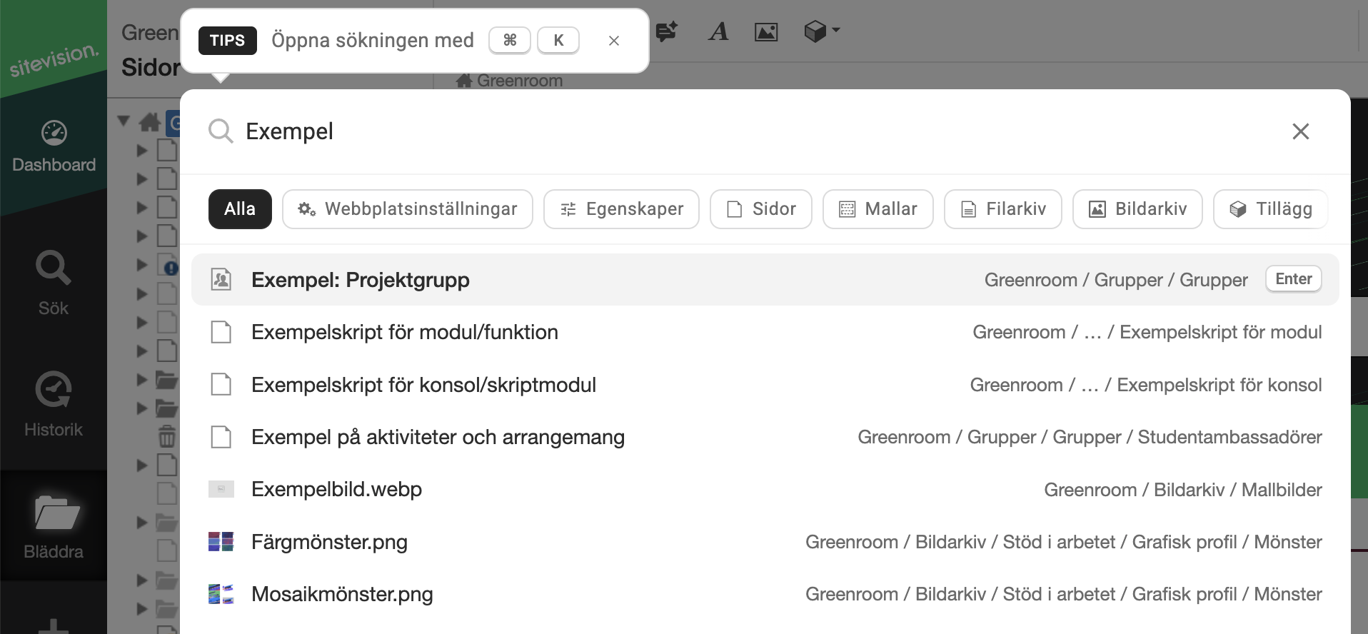Sökfält med texten "Exempel" och sökresultat som listar filer och mappar.